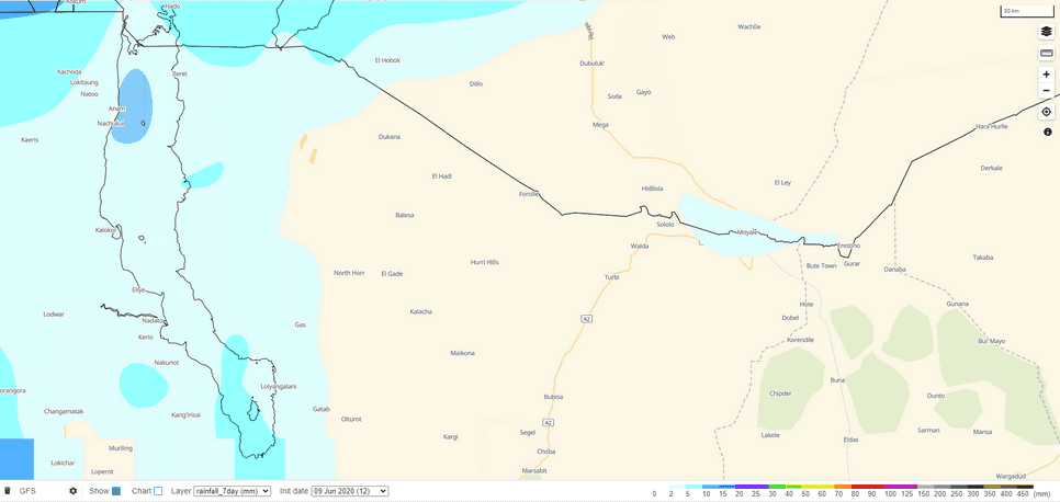 GFS-7days accumulated rainfall forecast over North Horr Sub-County